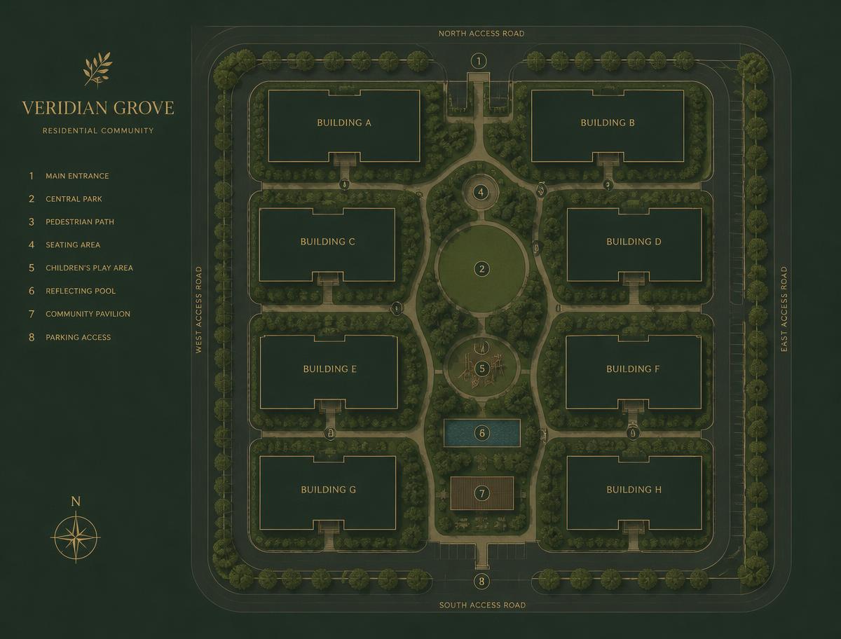 Site masterplan showing eight apartment buildings arranged around a central private park