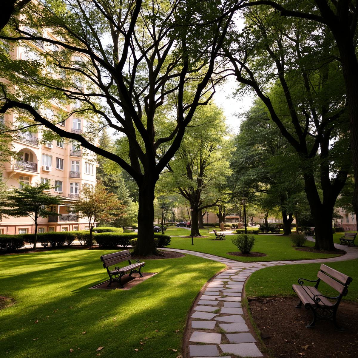 Private landscaped residents' park with mature trees and stone paths