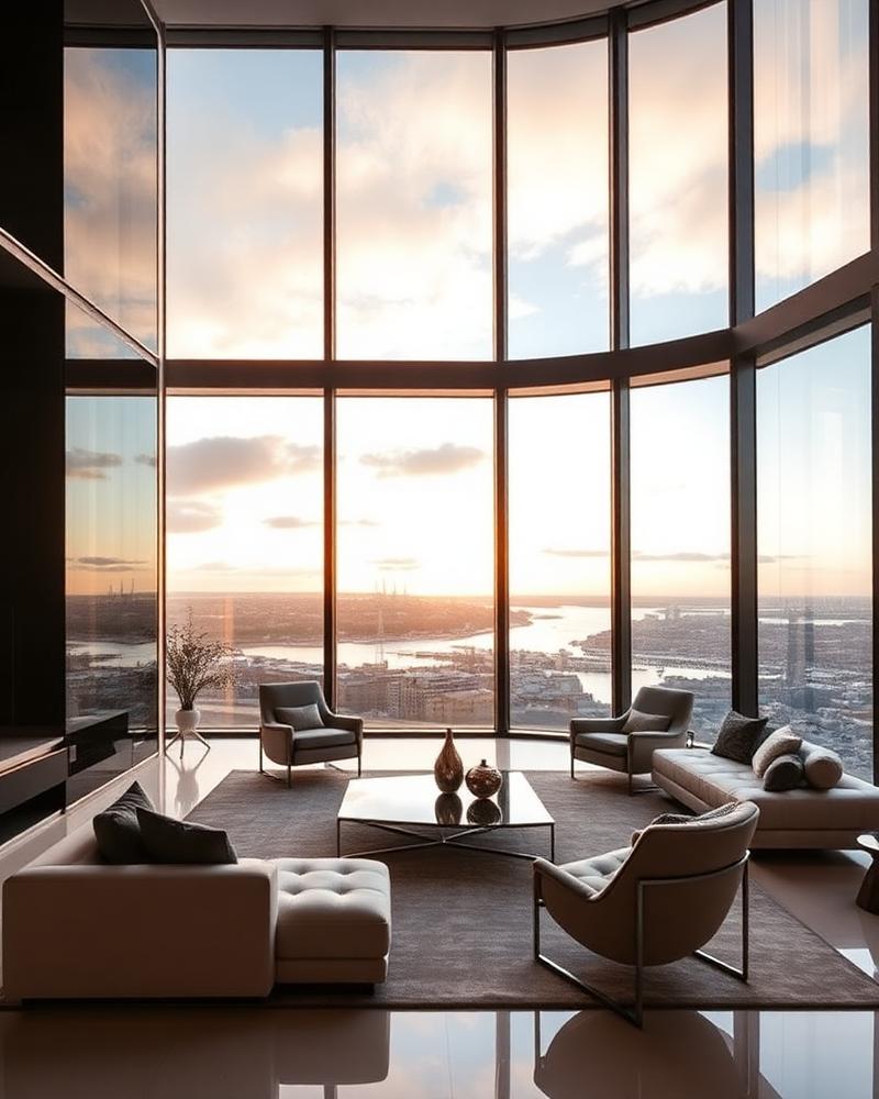 Full floor penthouse living room with curved glazing over the Dublin skyline