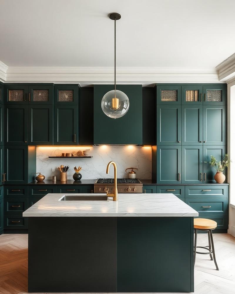 Penthouse kitchen in dark green joinery with marble surfaces